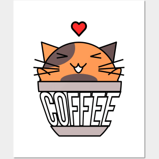 Happy cat in coffee cup with warped text heart on head orange and brown Posters and Art